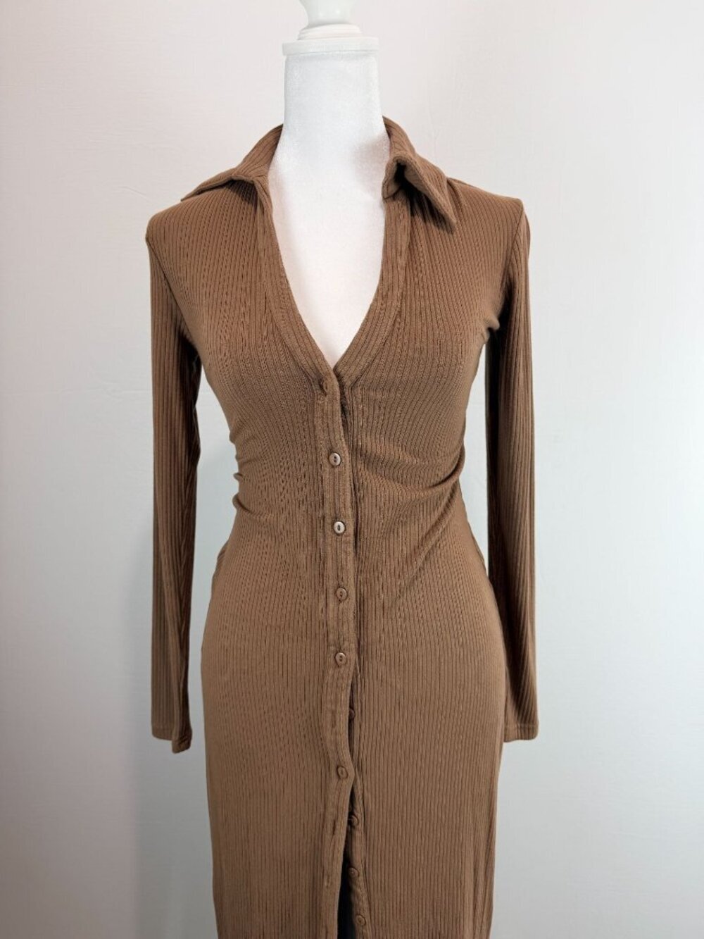 Lucca Brown Ribbed Long Sleeve Button-Down Midi Dress With Collared Neckline S - Picture 12 of 14